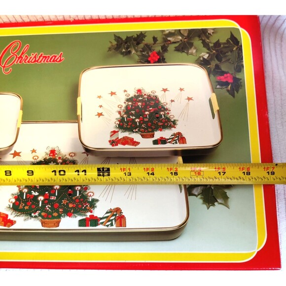 Vintage Asahi Trading Co 3 Piece Lacquerware Tray Set Merry Christmas Made Japan - Picture 3 of 13